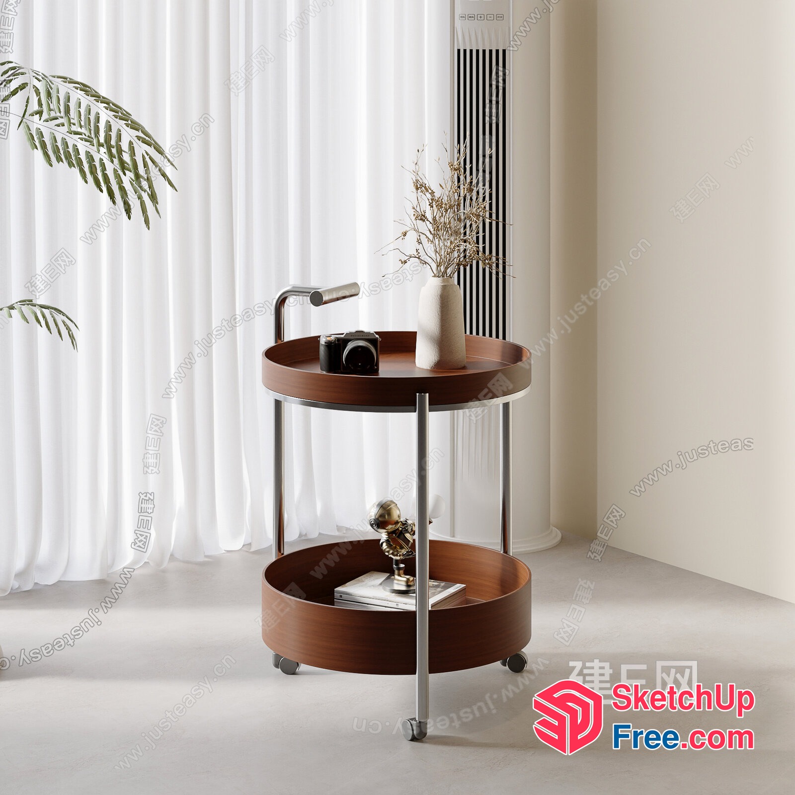 Elegant Two-Tiered Wooden And Metal Side Table With Wheels 3D SketchUp File