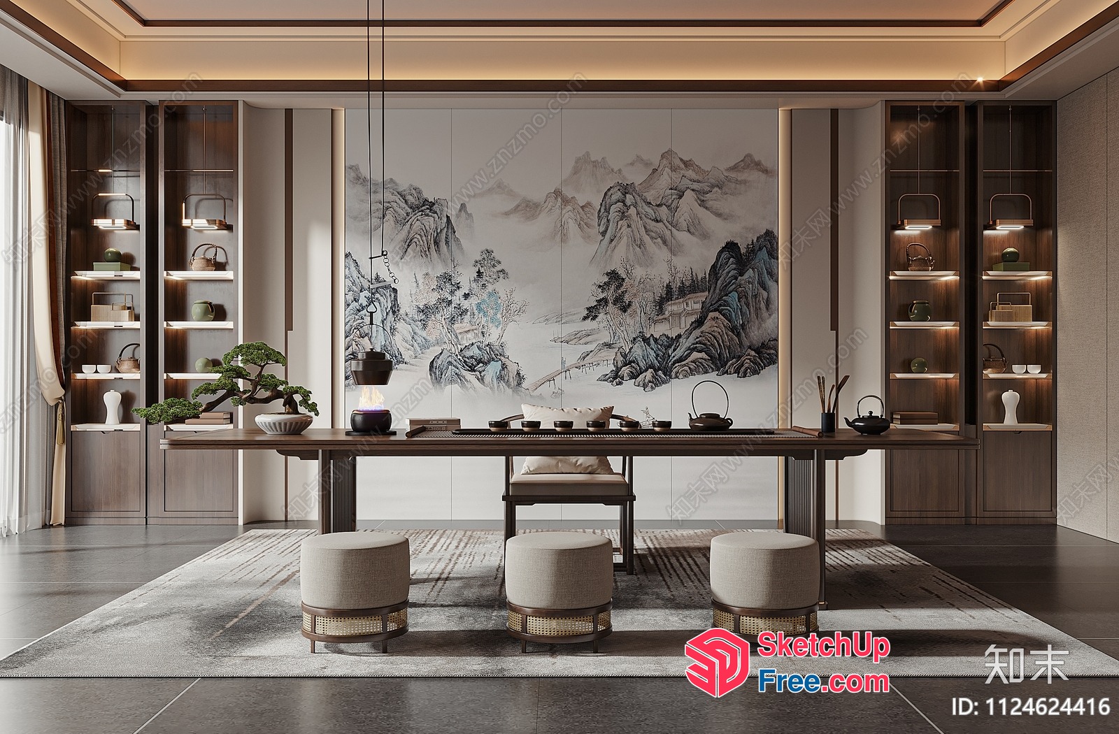 Elegant Japanese-Style Dining Room With Traditional Mountain Art 3D SketchUp File