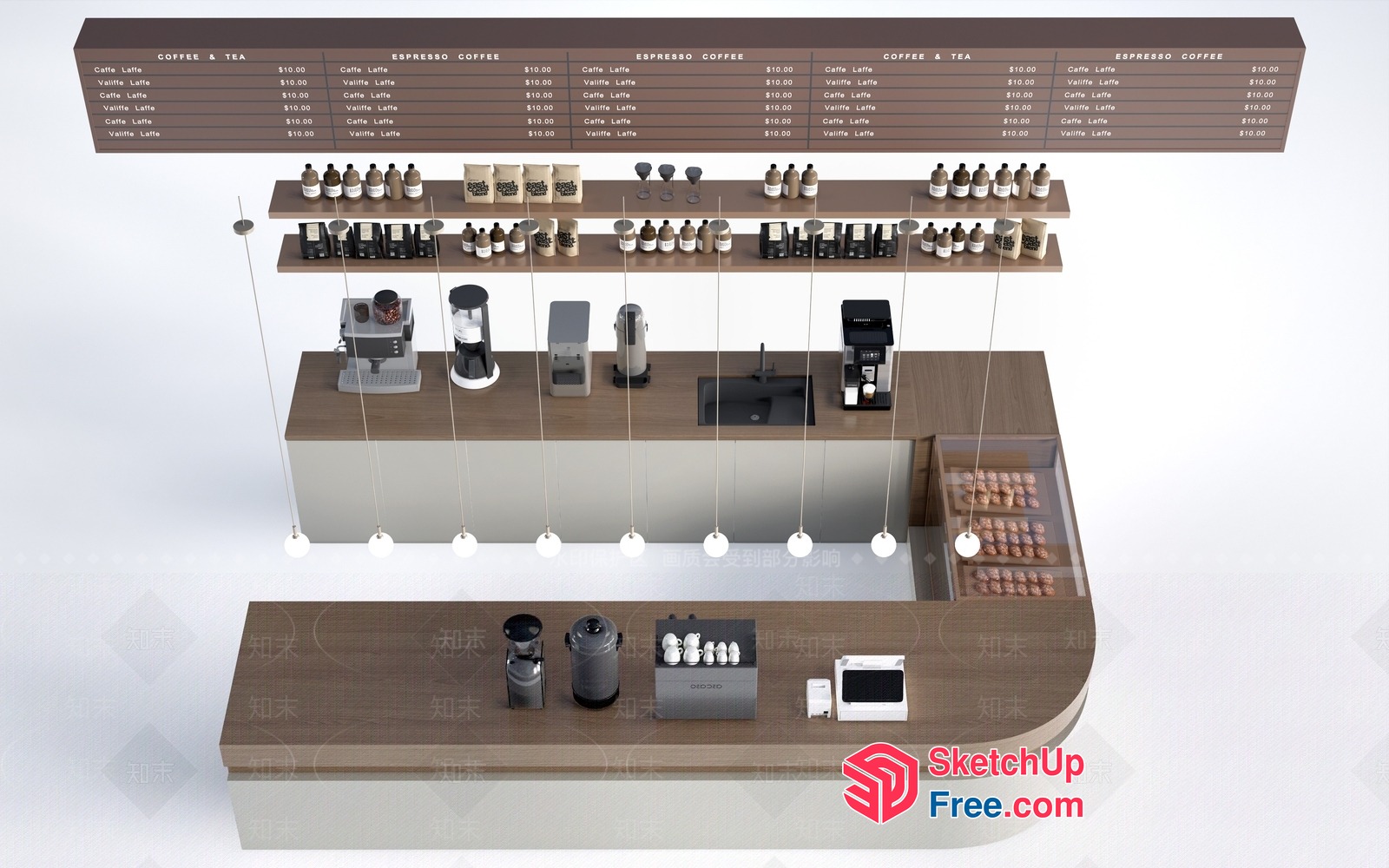 Modern Coffee Shop Interior With Wooden Counters And Hanging Lights 3D SketchUp File
