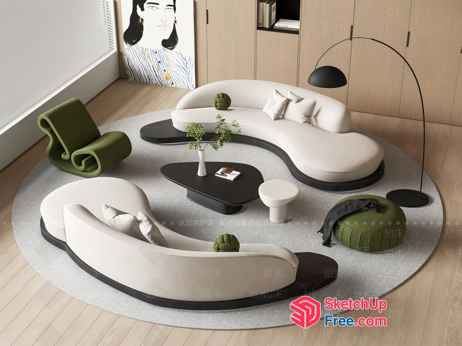 Modern Minimalist Living Room With White And Green Accents 3D SketchUp File