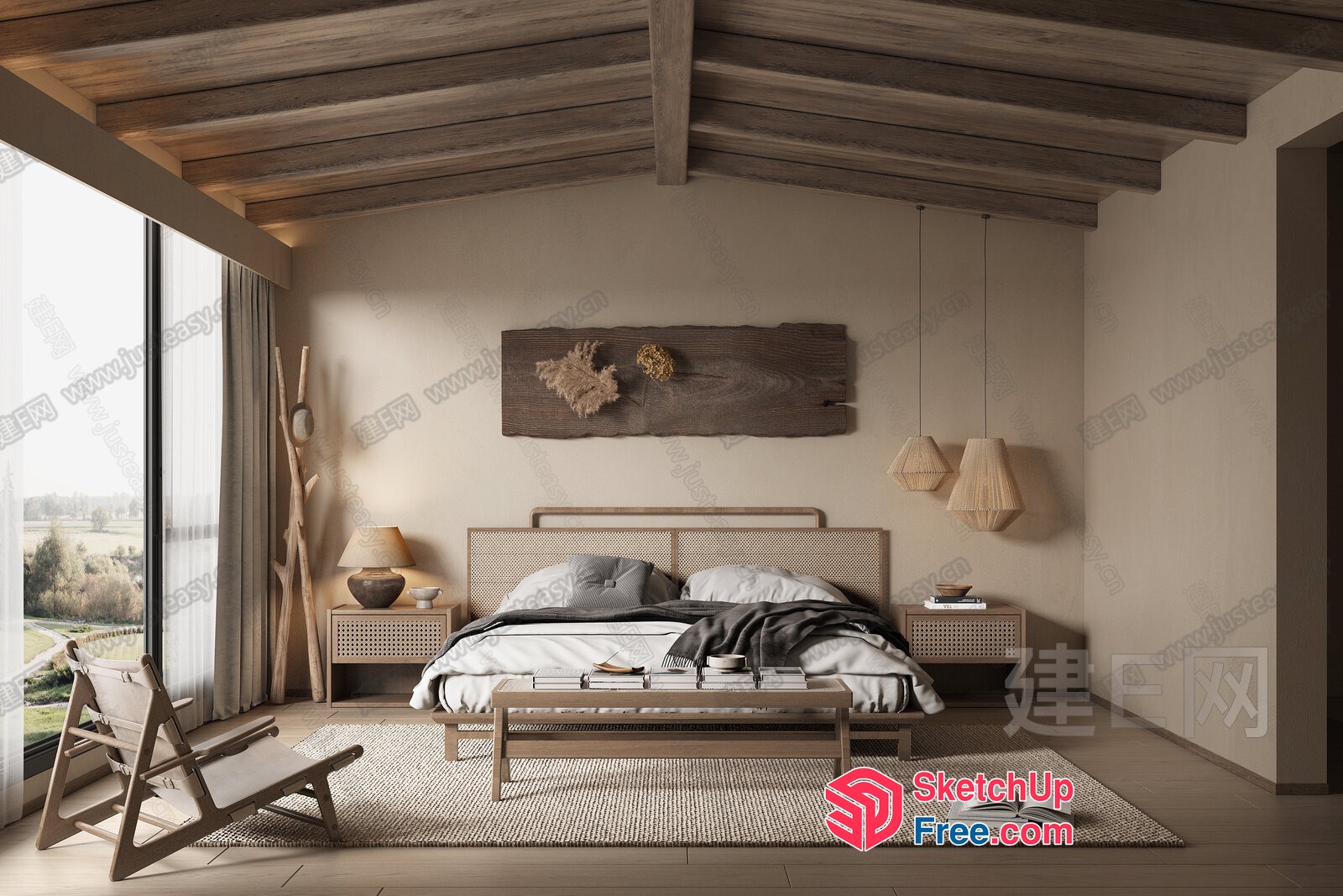 Minimalist Nordic Style Bedroom With Natural Wood Accents 3D SketchUp File