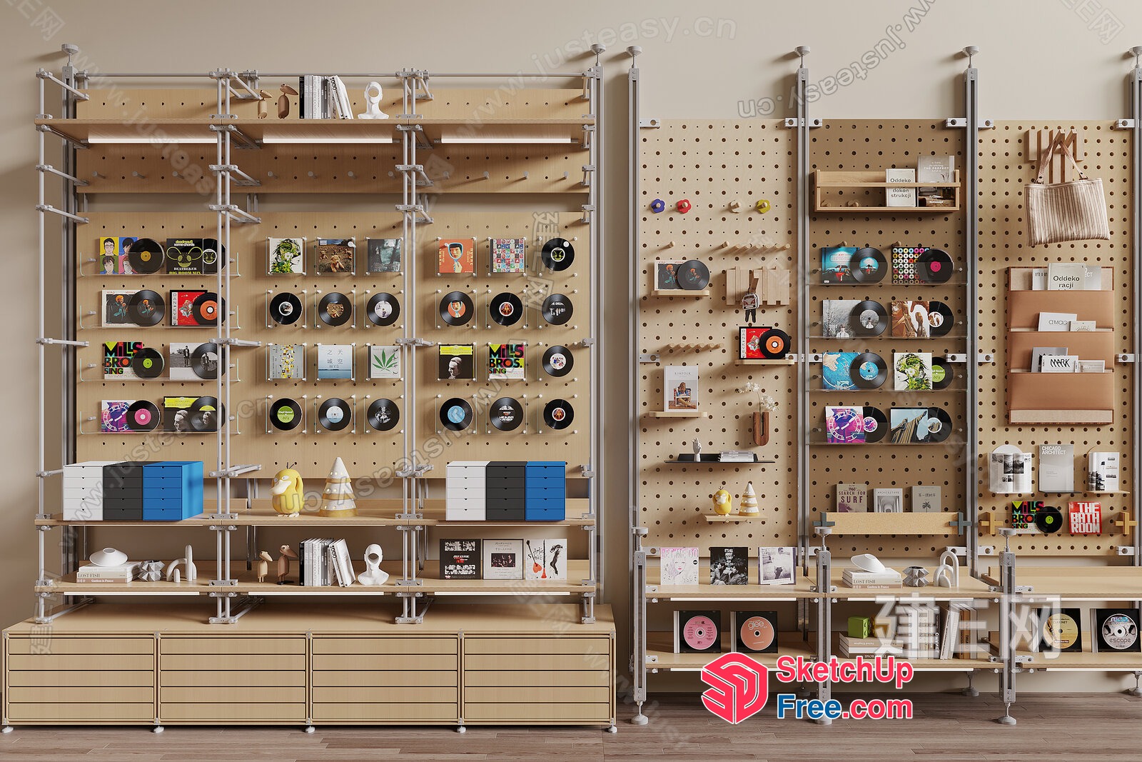 Modern Shelving Unit With Vinyl Records And Decorative Items 3D SketchUp File