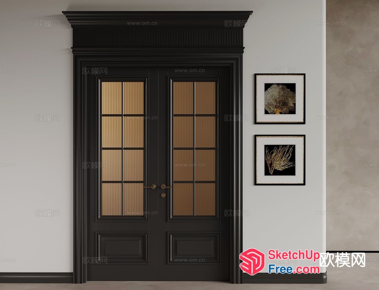 Black French Doors With Ornate Crown Moulding 3D SketchUp File