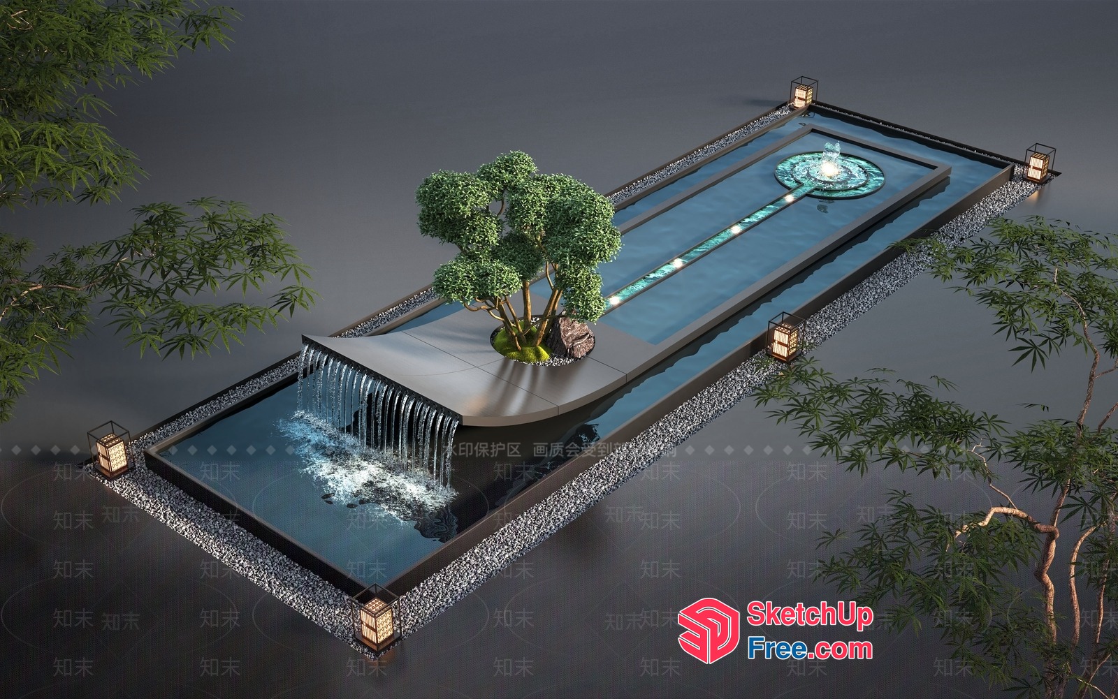 Japanese-Style Water Feature With Tree And Lanterns 3D SketchUp File