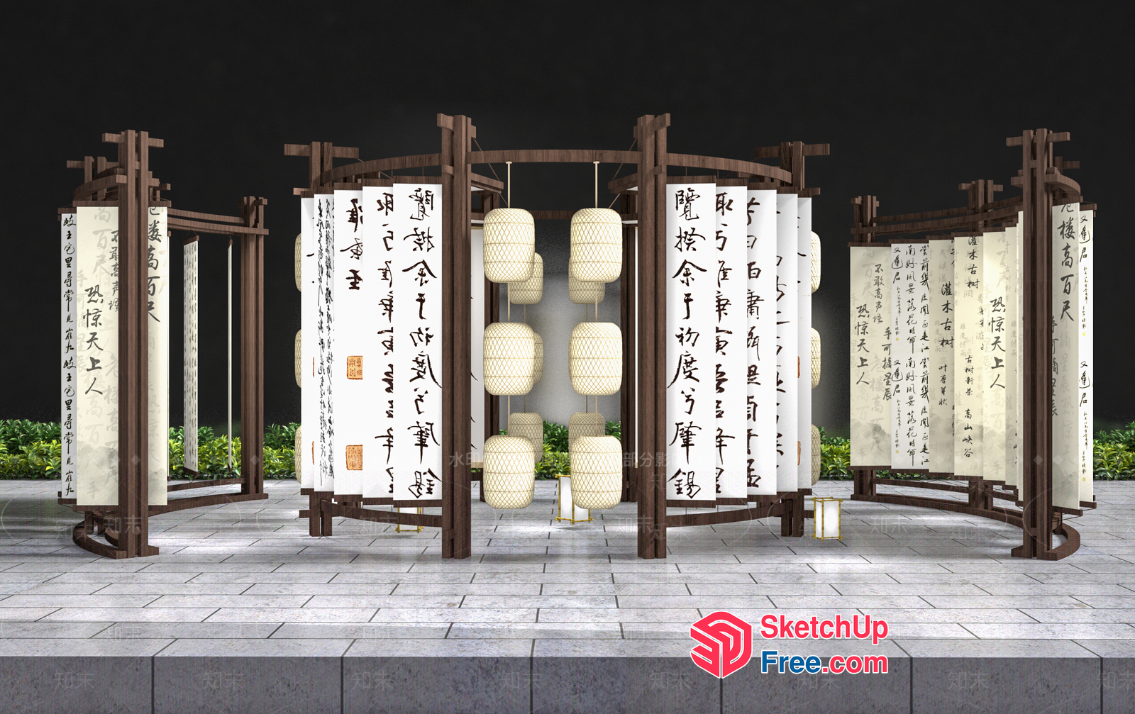 Asian-Inspired Pillars And Lanterns Decor 3D SketchUp File