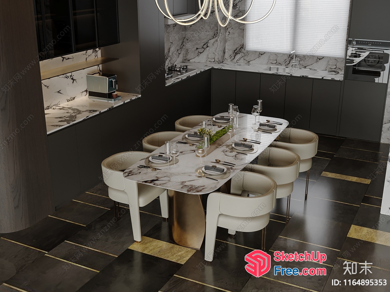 Modern Dining Room With Marble Table And White Chairs 3D SketchUp File
