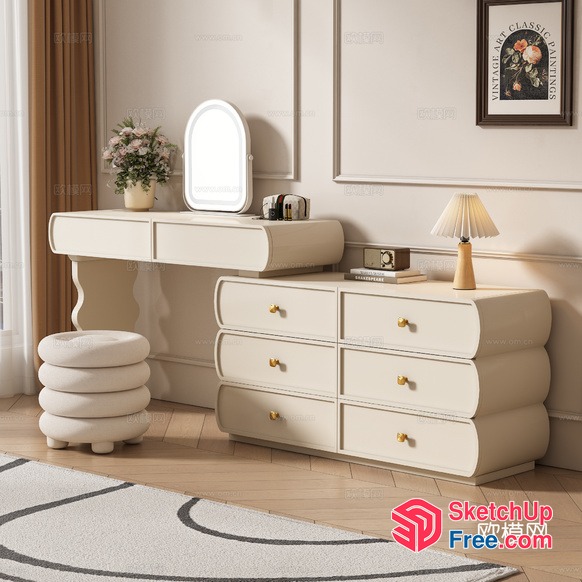 Elegant Creamy Style Dressing Table And Stool 3D SketchUp File
