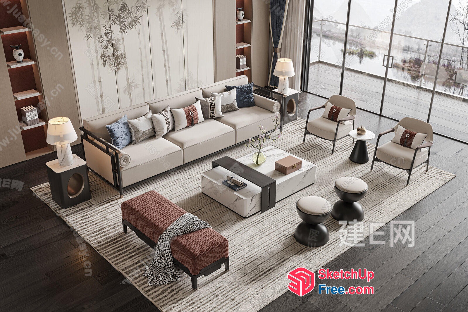 Modern Asian-Inspired Living Room With Natural Light 3D SketchUp File