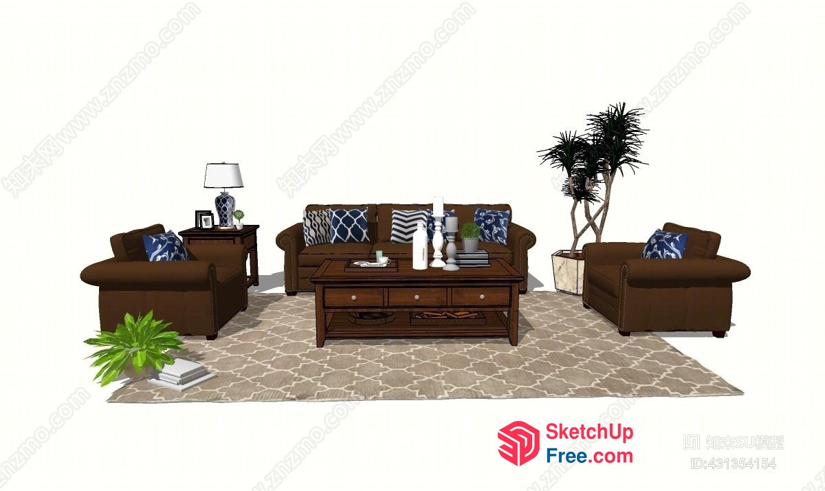 Elegant Living Room With Brown Sofa And Blue Pillows 3D SketchUp File