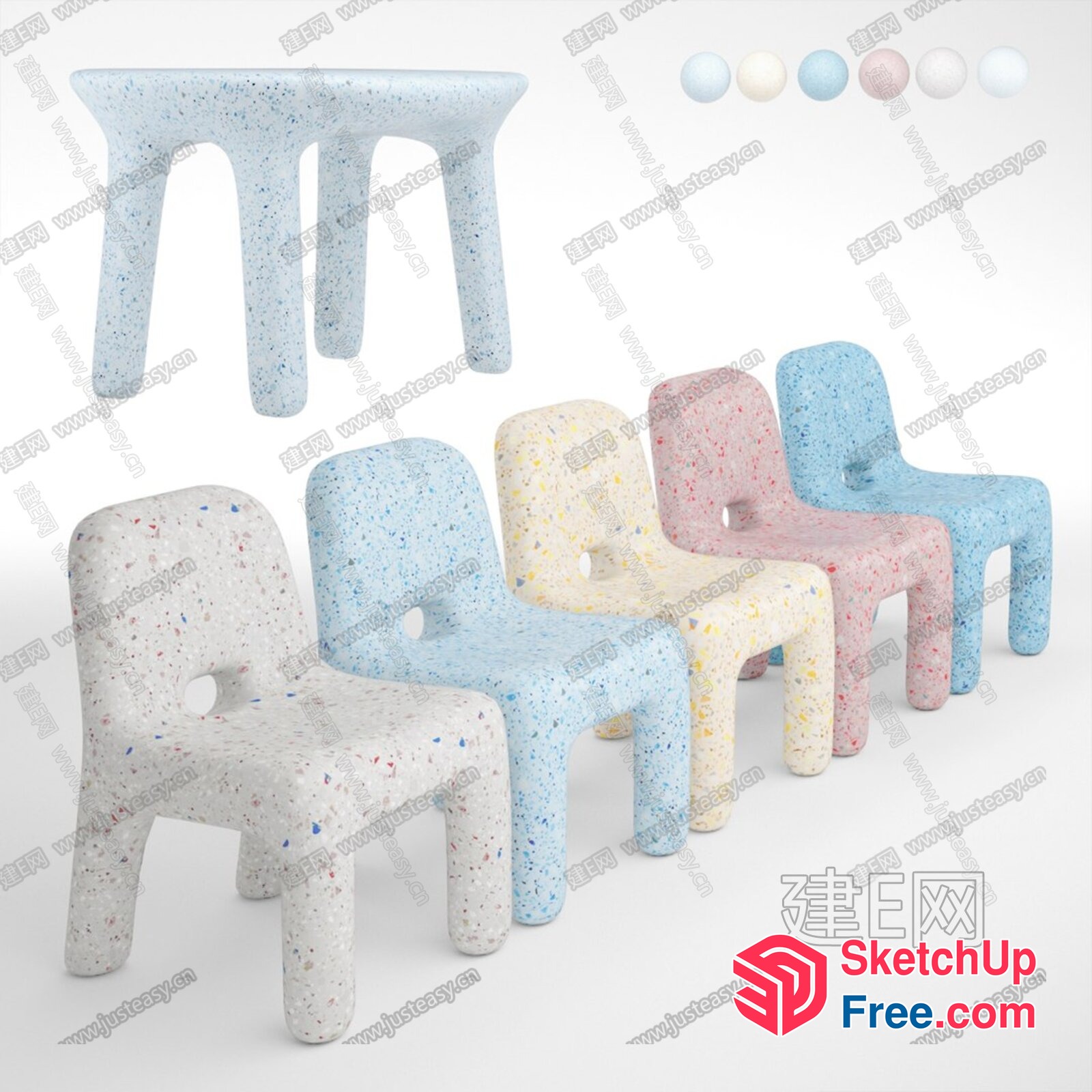 Five Colored Chairs And A Table 3D SketchUp File