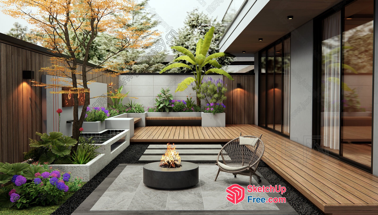 Modern Japanese-Style Outdoor Patio With Fire Pit And Water Features 3D SketchUp File