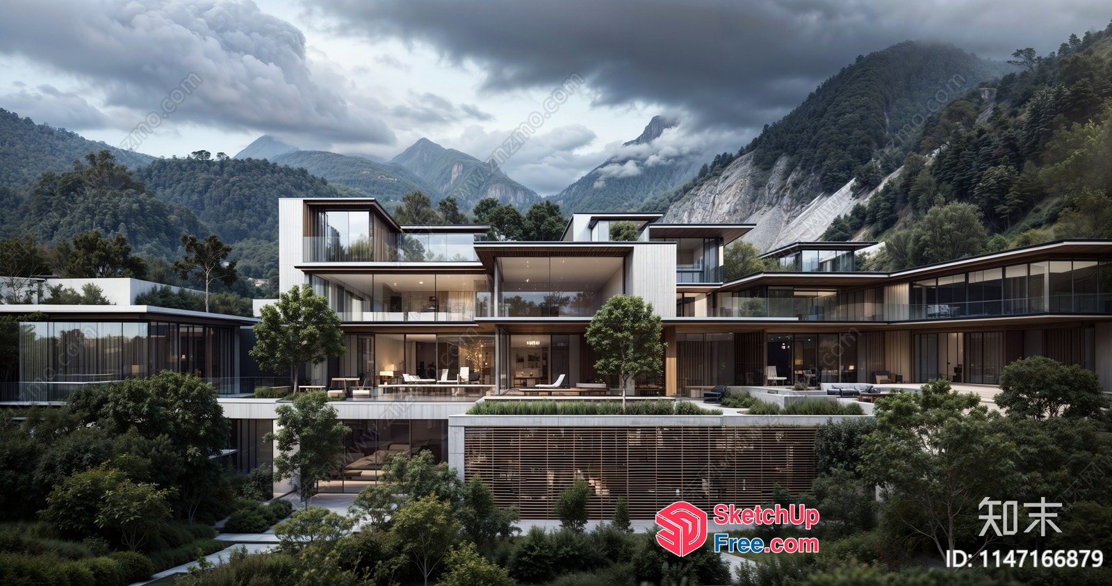 Modern Villa In The Mountains With Large Glass Walls And Balconies 3D SketchUp File