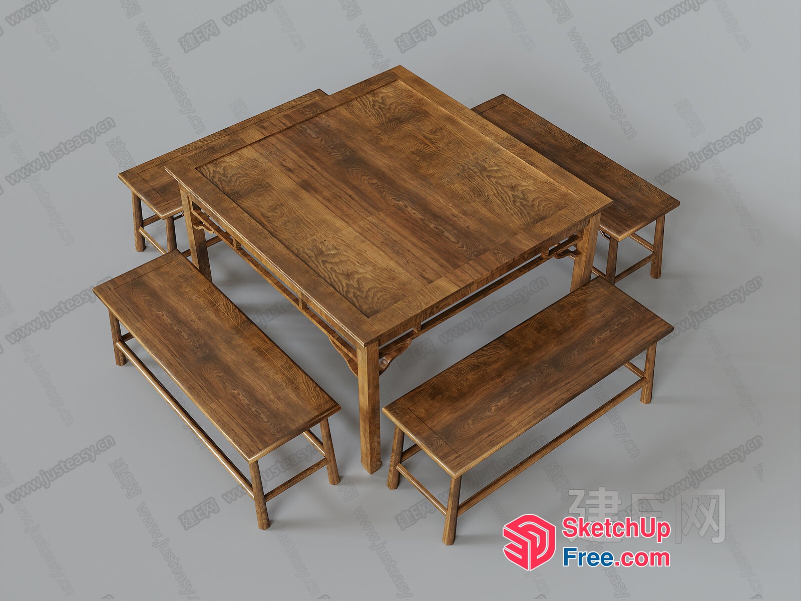 Rustic Wooden Dining Table And Bench Set 3D SketchUp File