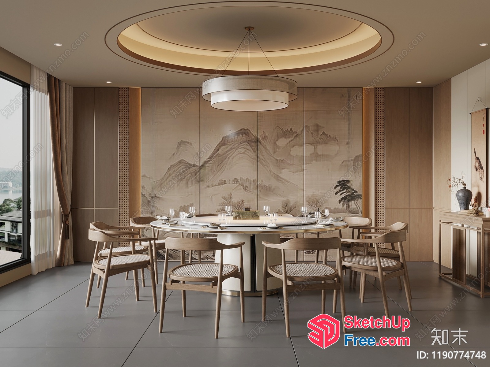 Elegant Dining Room With Circular Table And Mountain View 3D SketchUp File