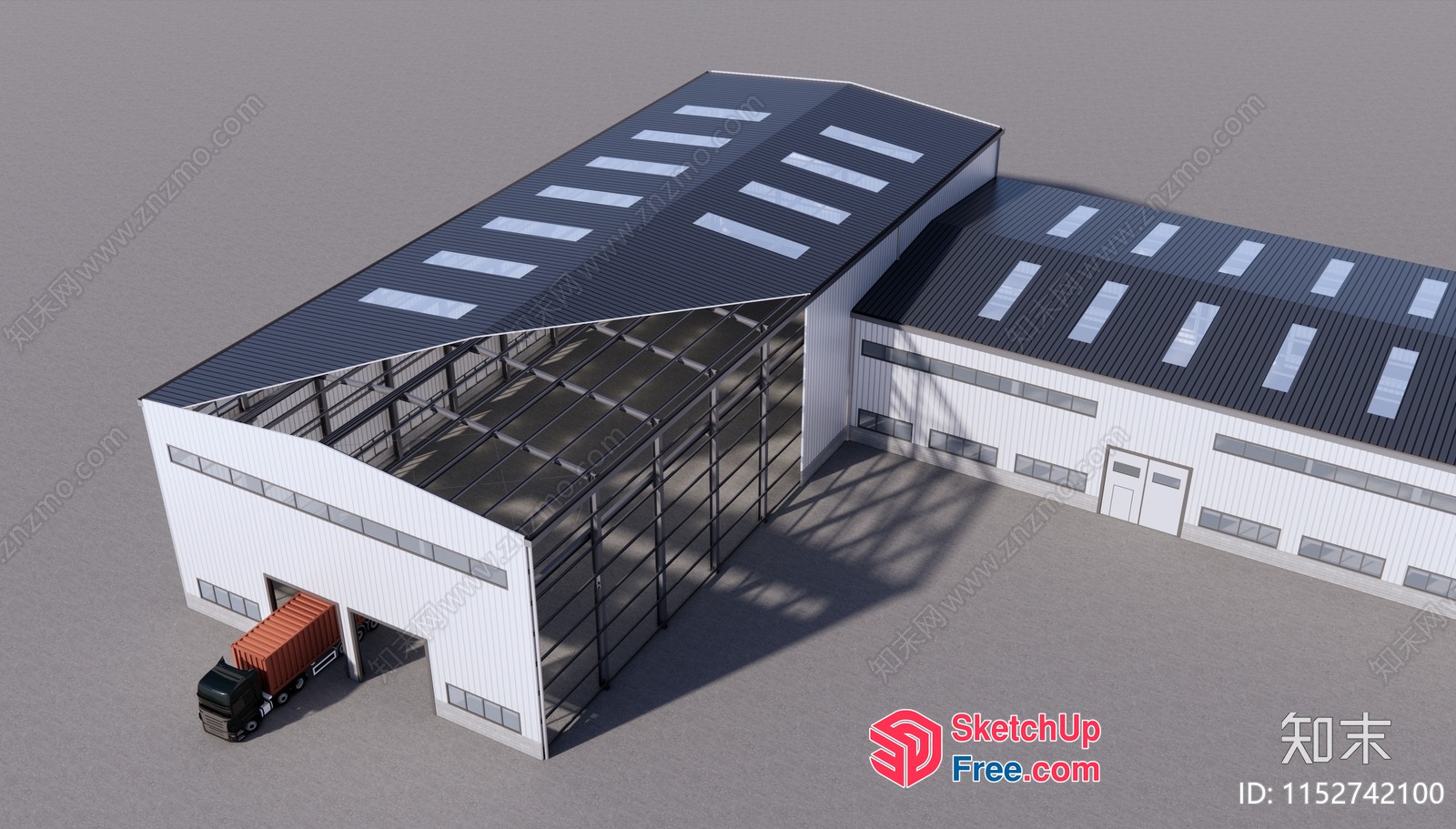 Industrial Warehouse With Truck And Garage Doors 3D SketchUp File