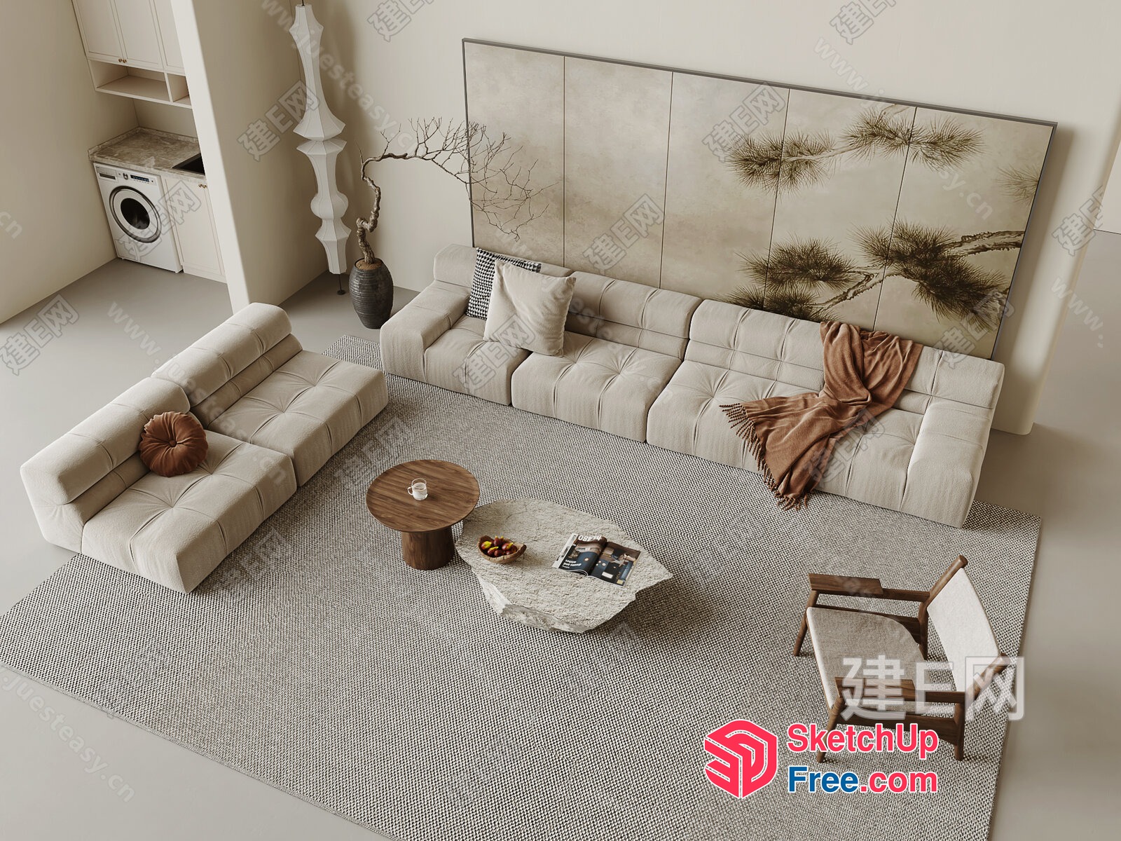 Minimalist Japanese Style Living Room With Creamy Furniture 3D SketchUp File