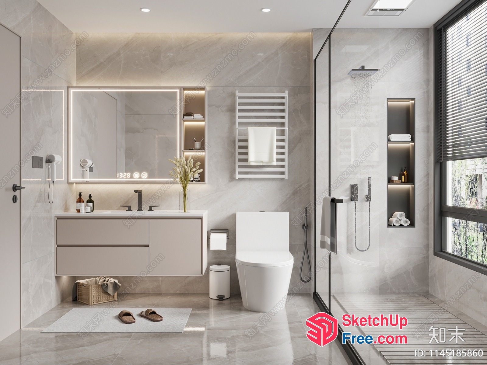 Modern Bathroom With Sleek White Fixtures And Grey Marble Tiles 3D SketchUp File