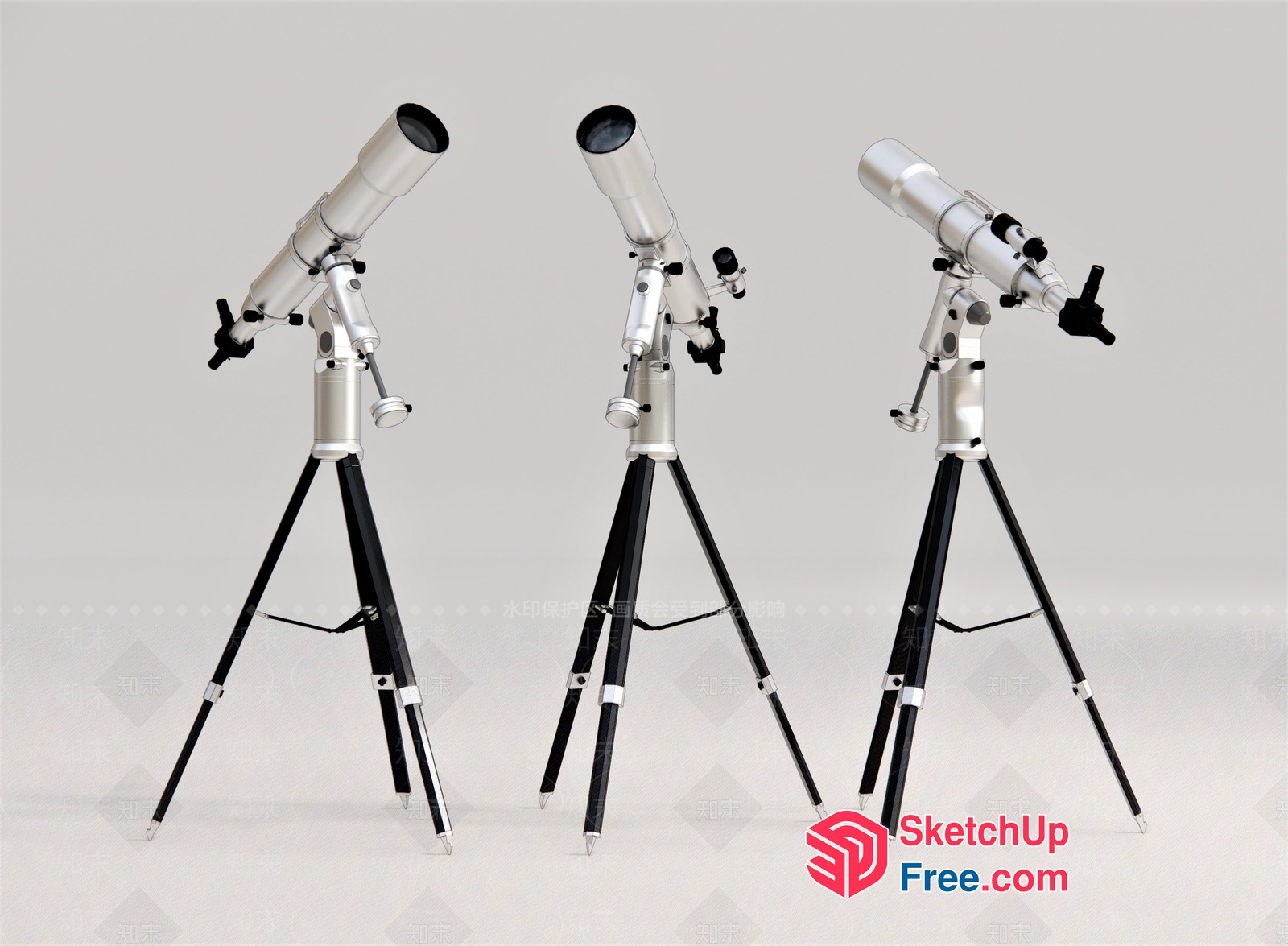 Three Silver And Black Telescope Tripods 3D SketchUp File