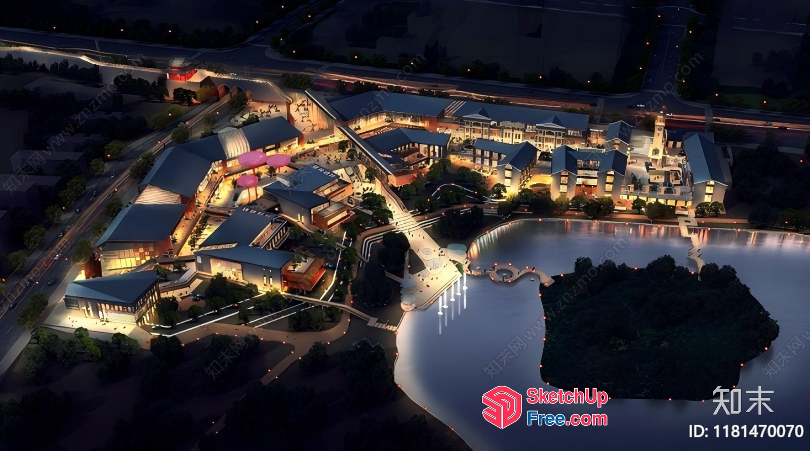 Aerial View Of A Modern Shopping Center At Night 3D SketchUp File