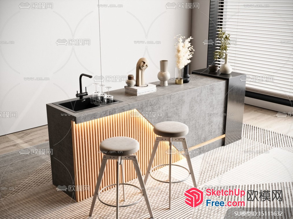 Minimalist Kitchen Island With Sink And Stools 3D SketchUp File