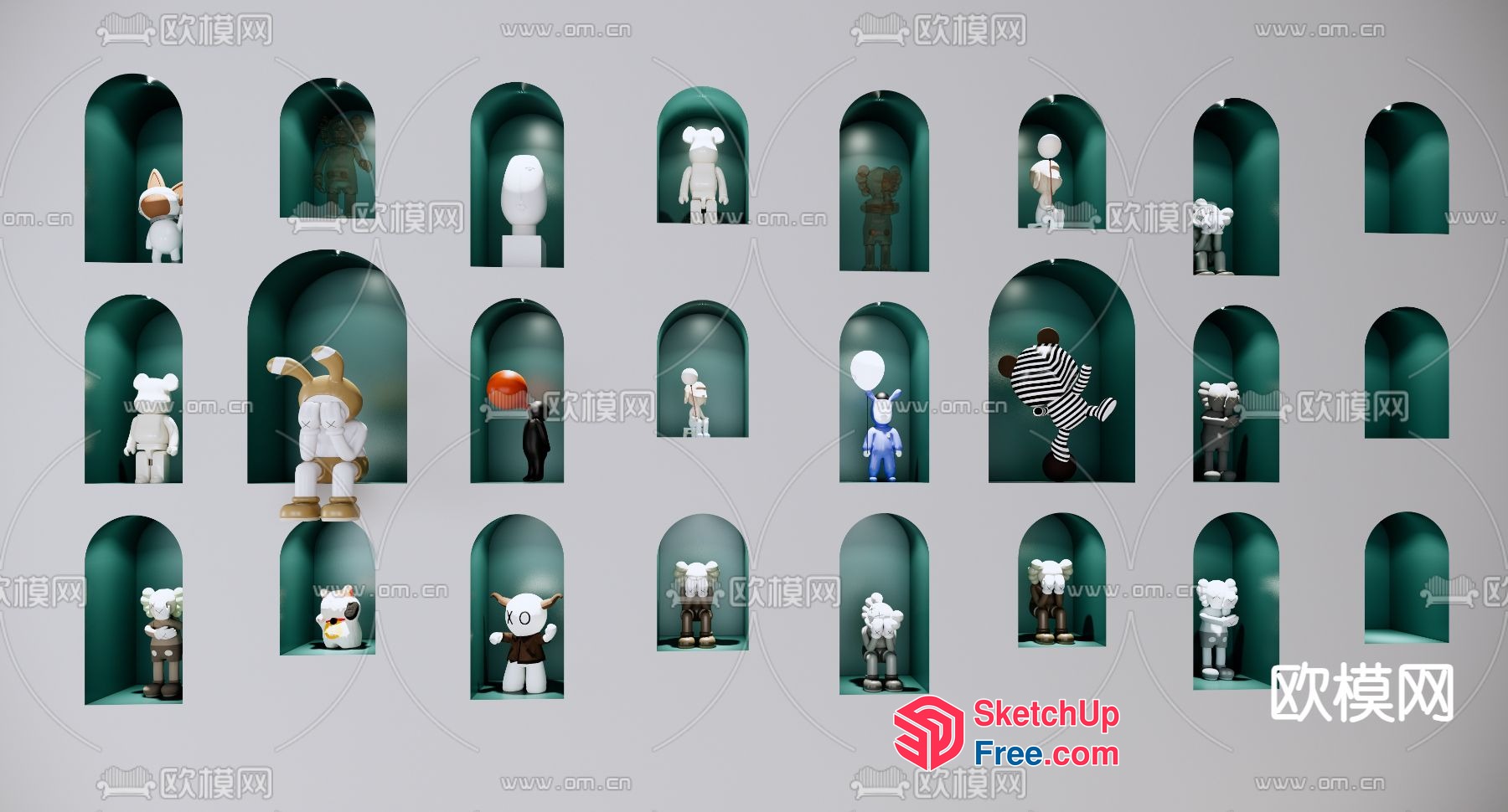 Display Of Various Animal And Character Statues In Green Arches 3D SketchUp File