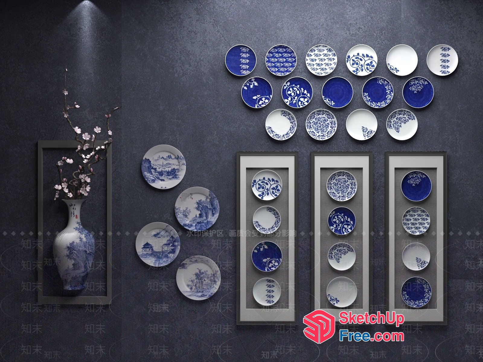 Elegant Blue And White Porcelain Plate Display 3D SketchUp File
