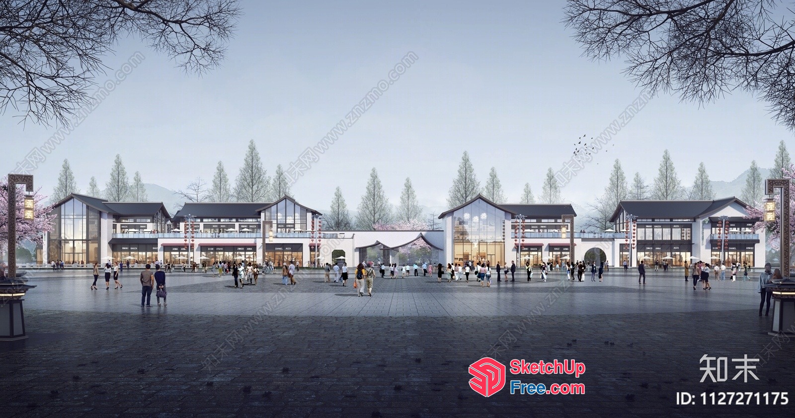 Modern Commercial Street Scene With Glass Curtain Wall 3D SketchUp File