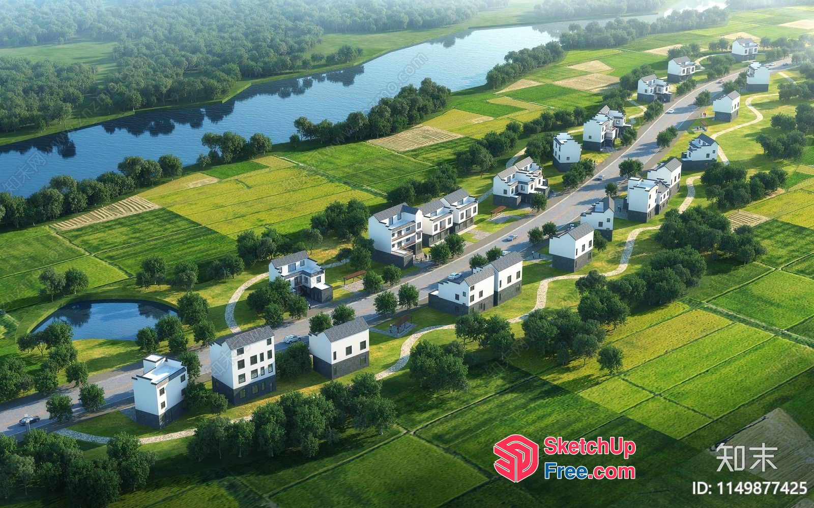Serene Countryside Villas By A Tranquil River 3D SketchUp File