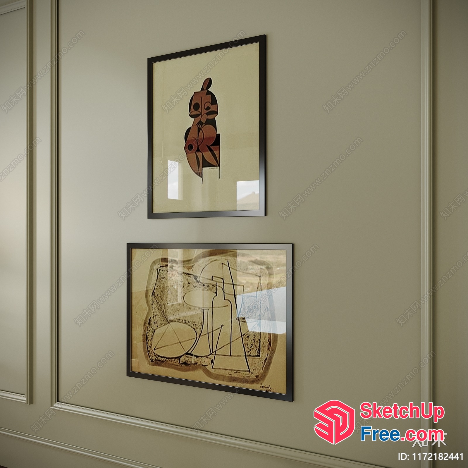 Two Abstract Art Pieces On Creamy Wall 3D SketchUp File