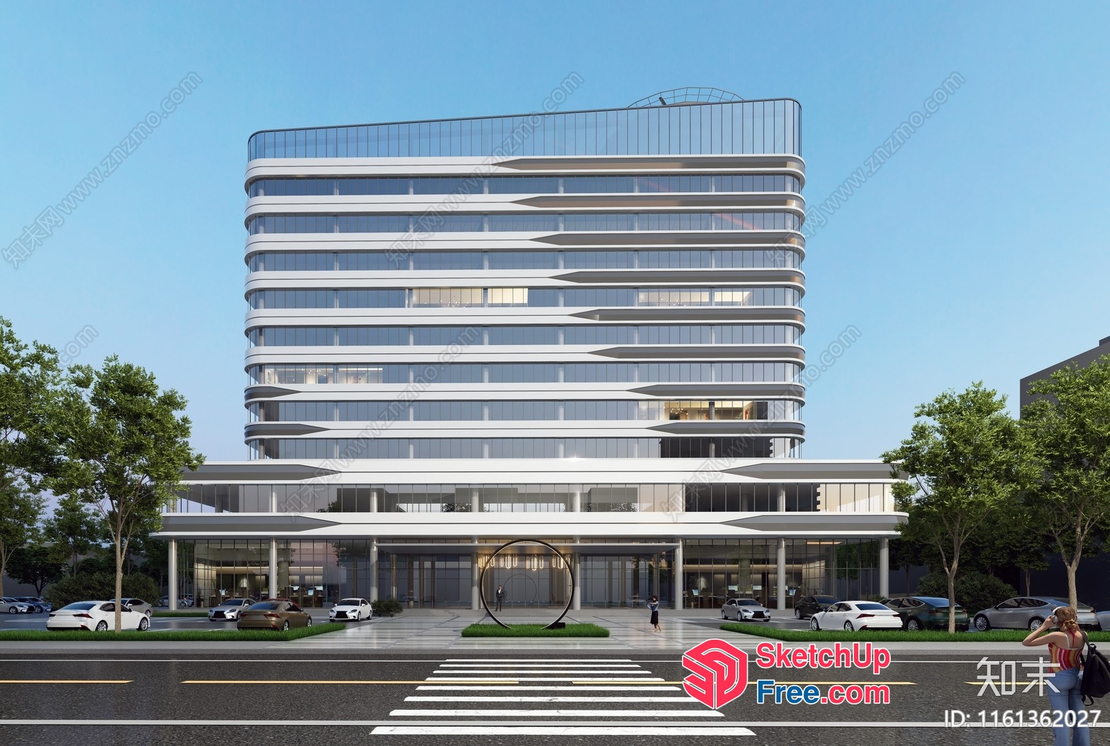Modern Glass And Steel Office Building With Elegant Entrance 3D SketchUp File
