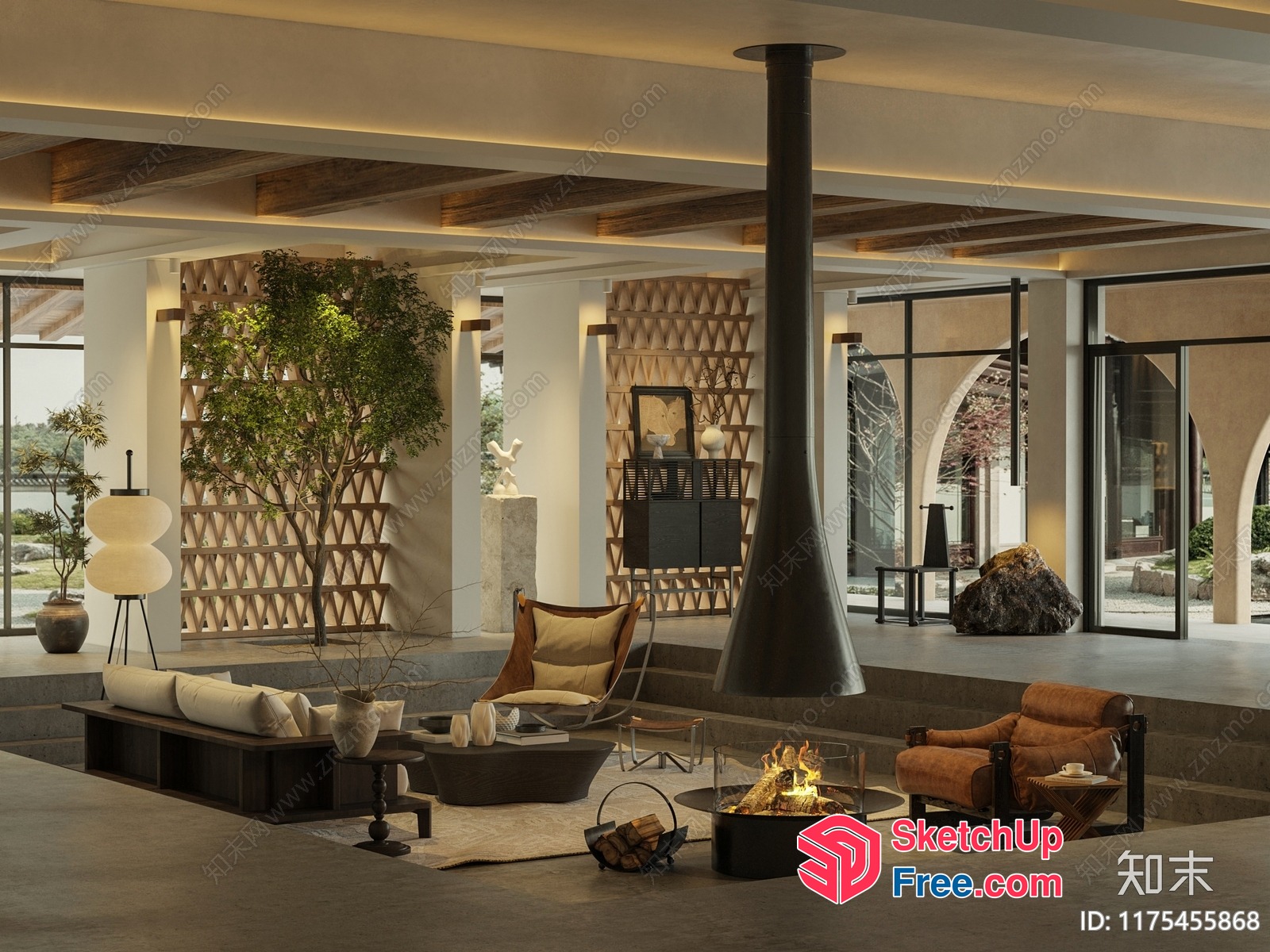 Modern Minimalist Living Room With Fireplace And Pillars 3D SketchUp File