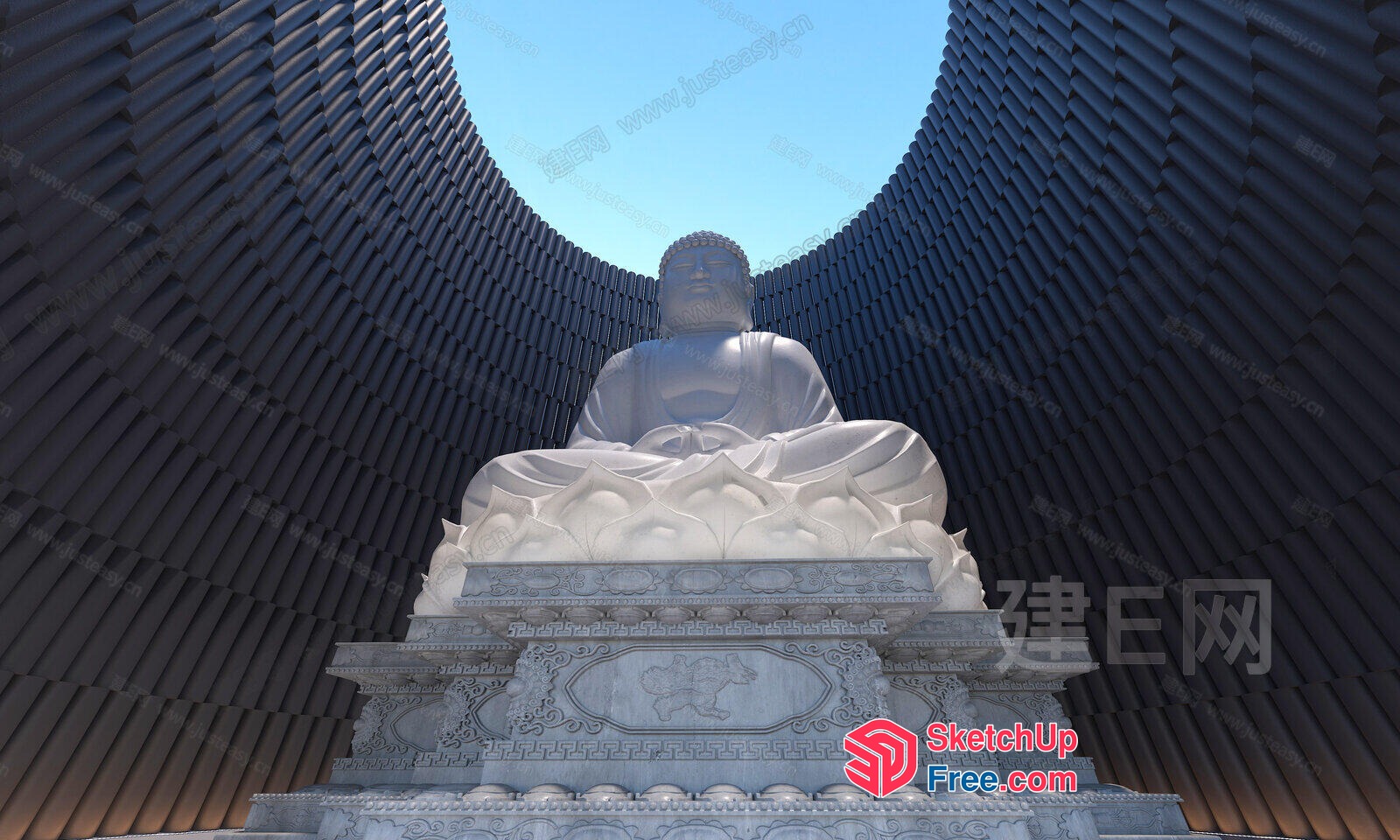 Ornate White Marble Statue Of Buddha In A Grand Dome 3D SketchUp File
