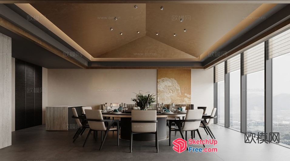 Modern Dining Room With Large Table And Chairs 3D SketchUp File