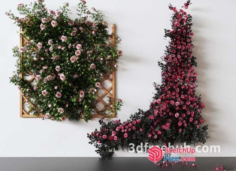 Pink Floral Decorations And Wooden Trellis On White Wall 3D SketchUp File