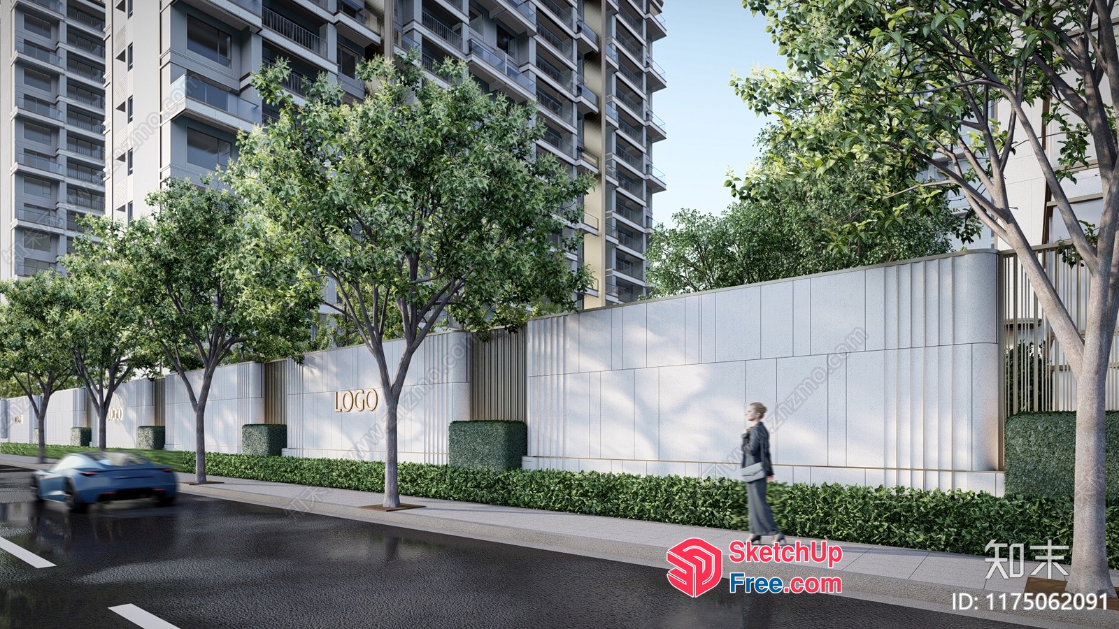 Modern Urban Street Scene With White Wall And Trees 3D SketchUp File