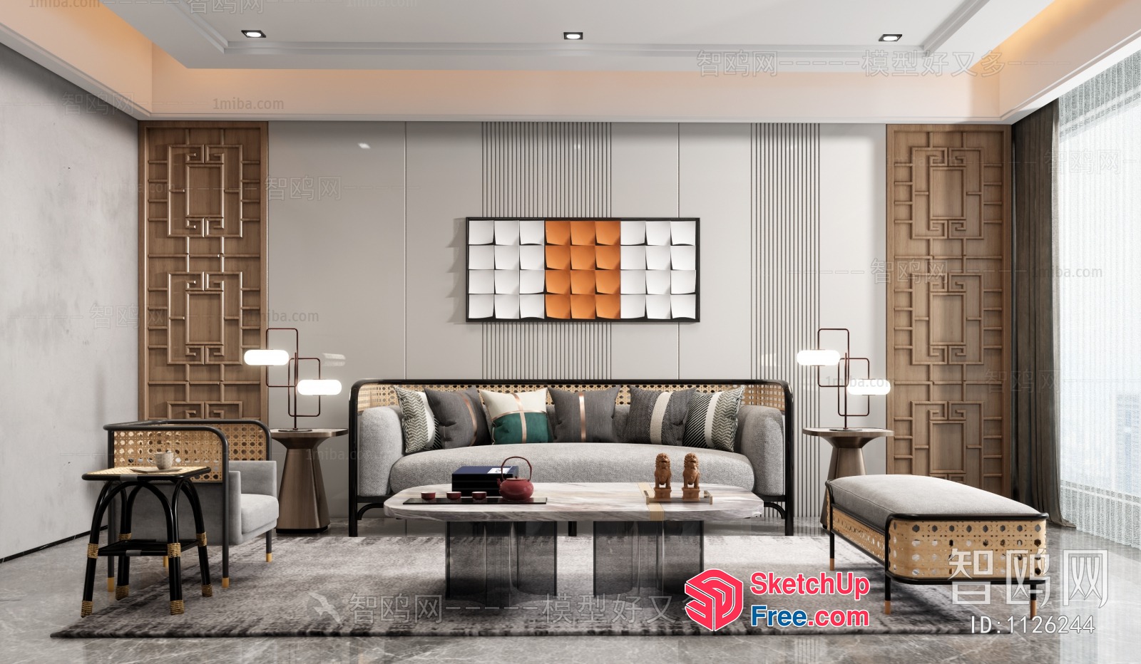Modern Elegant Living Room With Pillars And Artwork 3D SketchUp File