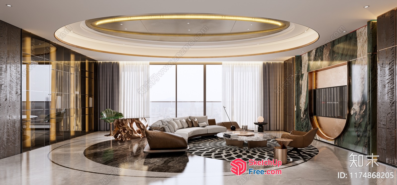 Modern Luxury Living Room With Circular Ceiling And Floor Design 3D SketchUp File