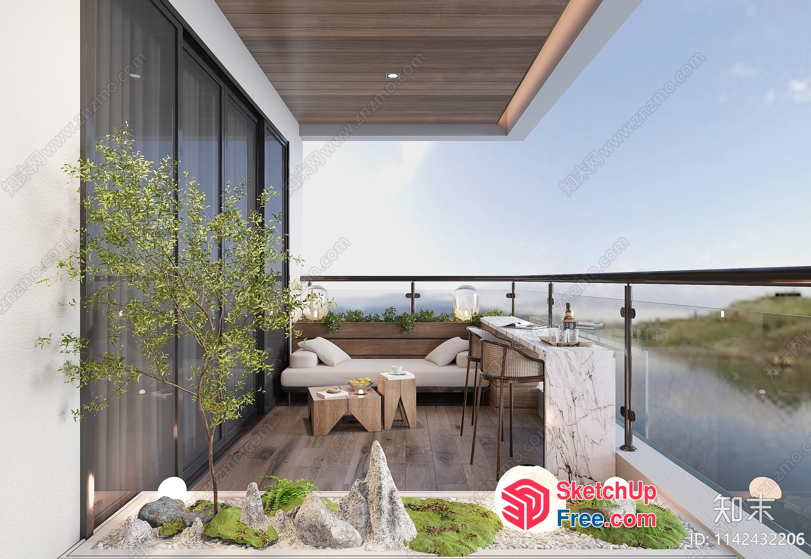 Modern Japanese-Inspired Balcony Design With Natural Elements 3D SketchUp File