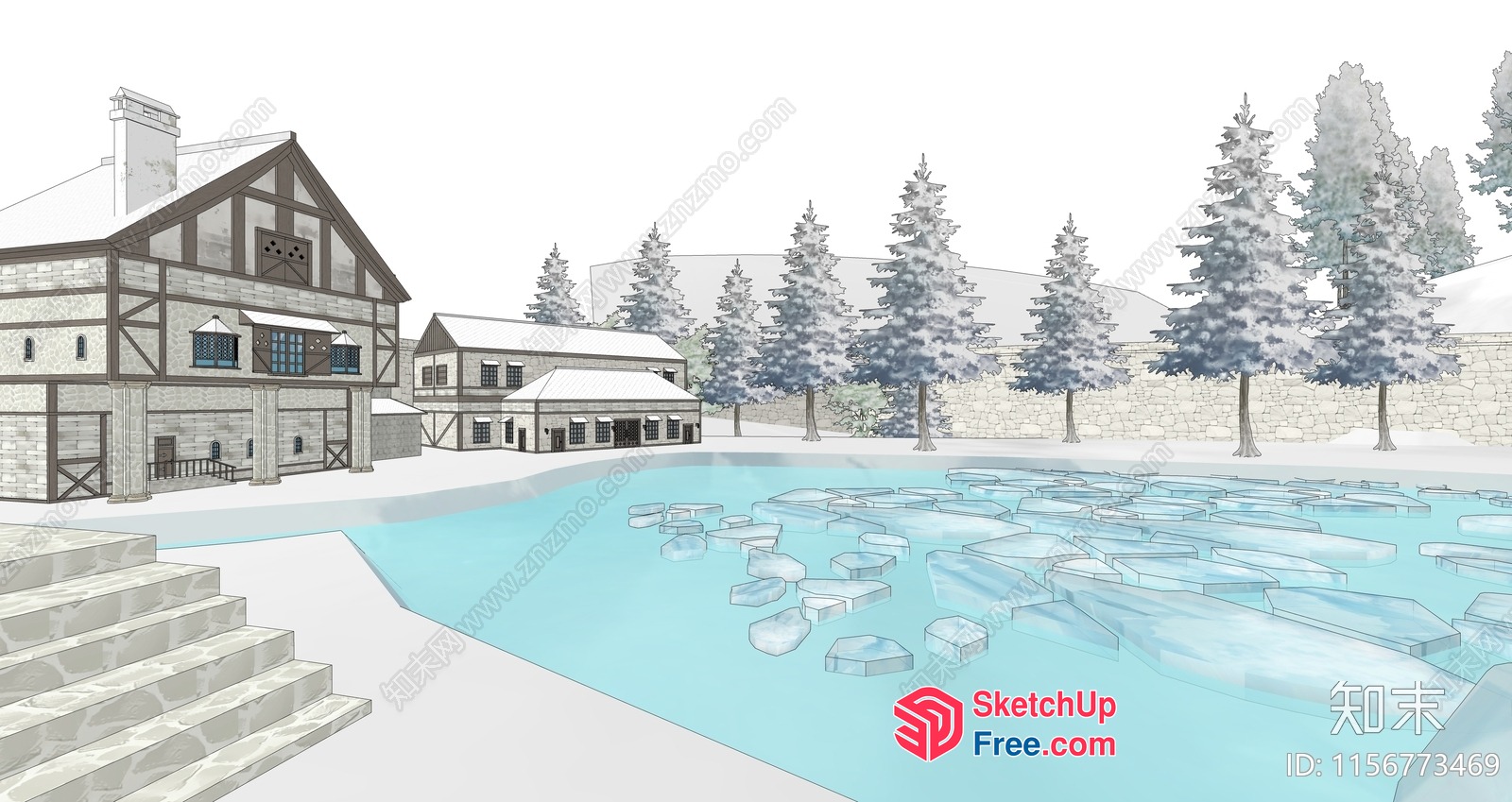 Winter Wonderland Villa With Snowy Trees And Frozen Pond 3D SketchUp File