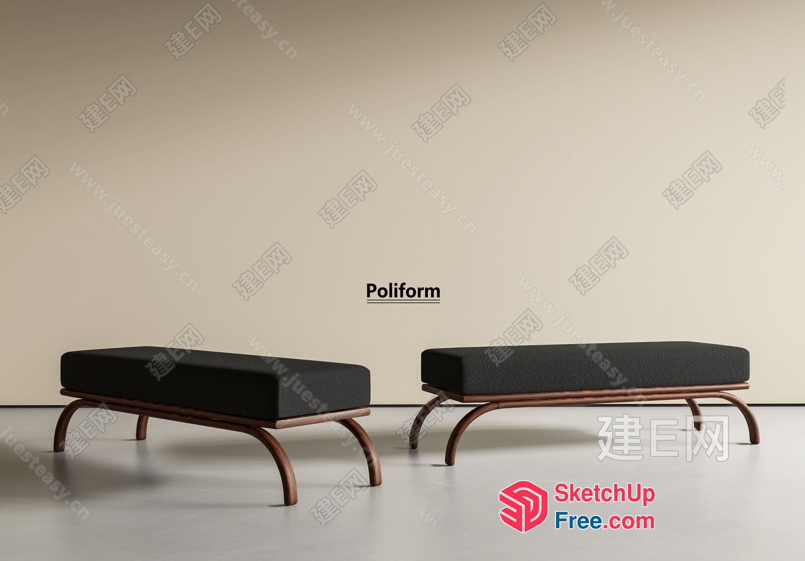 Two Modern Low Seating Areas With Dark Cushions And Wooden Legs 3D SketchUp File
