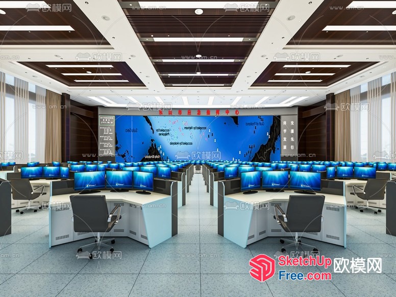 Modern Office Space With Large Map And Desks 3D SketchUp File