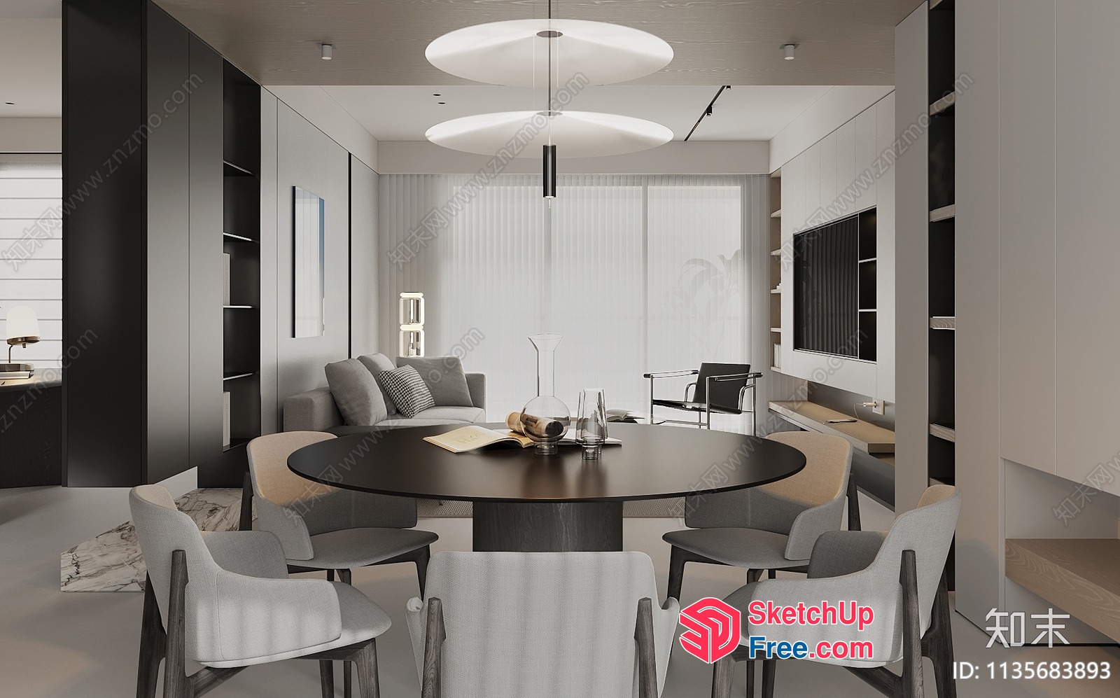 Modern Minimalist Living Room With Dining Table And Chairs 3D SketchUp File