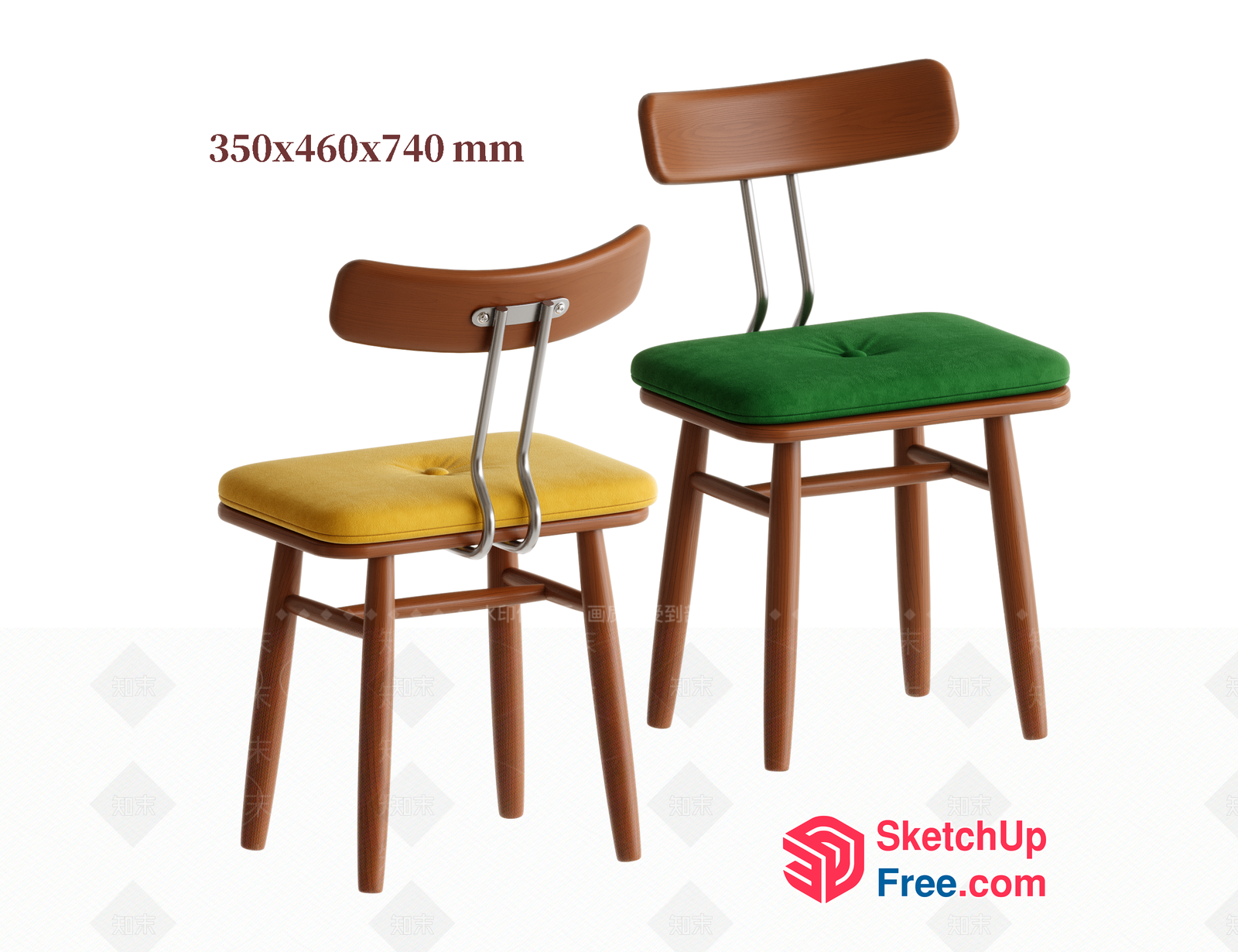 Mid-Century Modern Wooden Chairs With Vibrant Cushions 3D SketchUp File