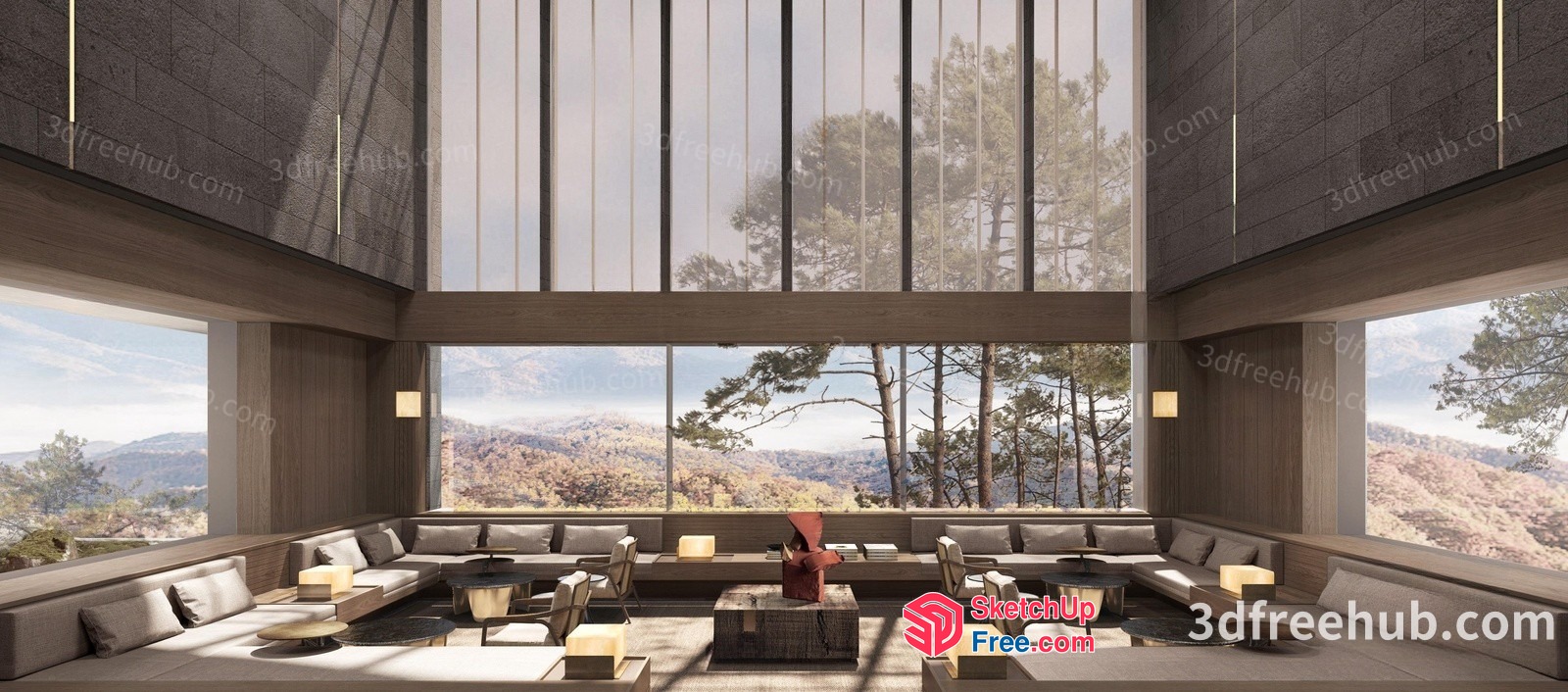 Modern Living Room With Floor-To-Ceiling Windows And Mountain Views 3D SketchUp File