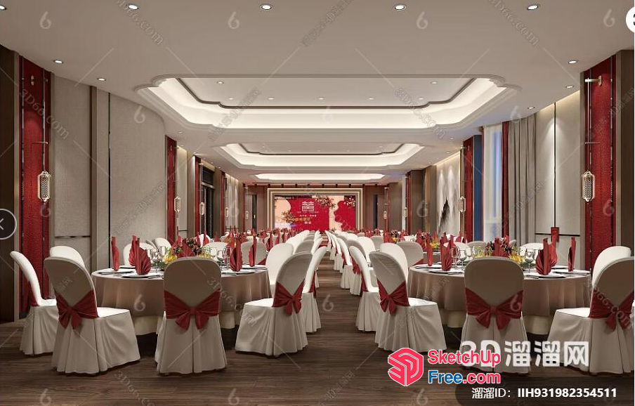 Elegant Modern Banquet Hall With White And Red Decor 3D SketchUp File