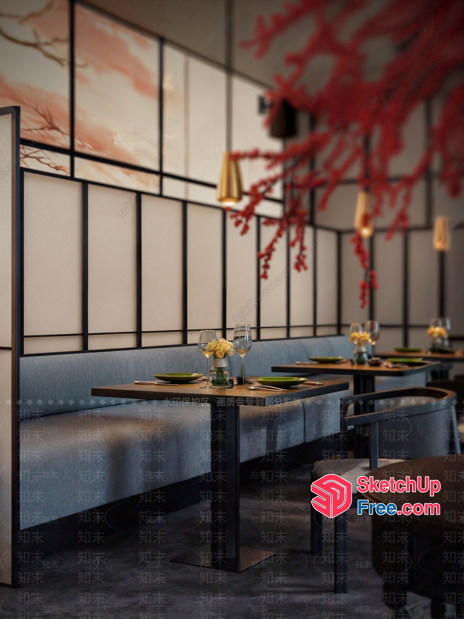 Elegant Japanese-Style Restaurant Interior 3D SketchUp File