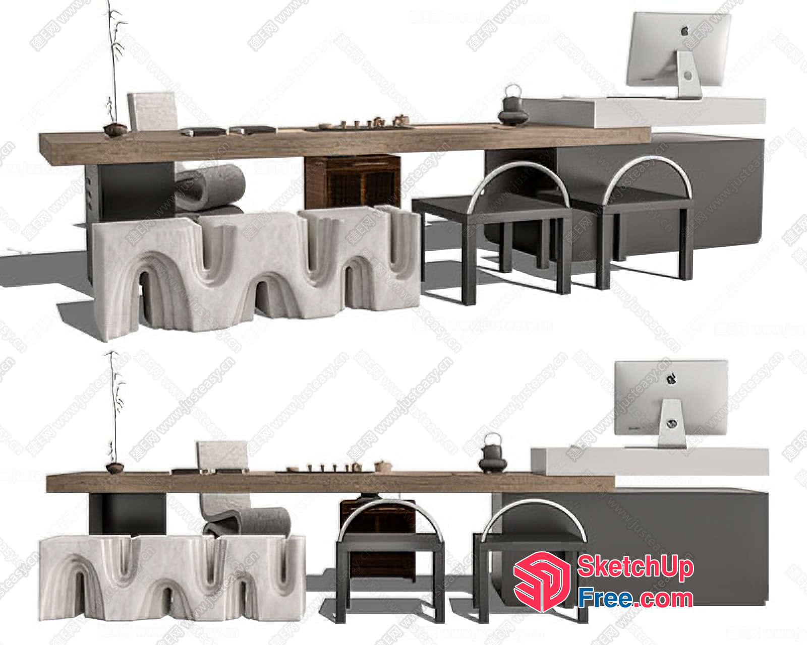 Modern Minimalist Office Desk With White Stone Decor 3D SketchUp File