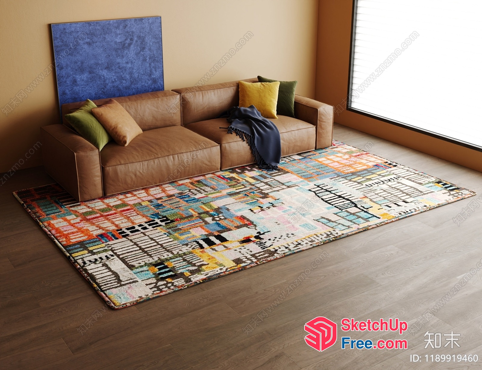 Modern Living Room Interior With Leather Sofa And Colorful Rug 3D SketchUp File