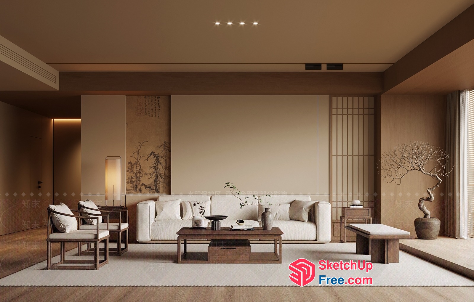 Japanese Minimalist Living Room With Natural Wood Accents 3D SketchUp File