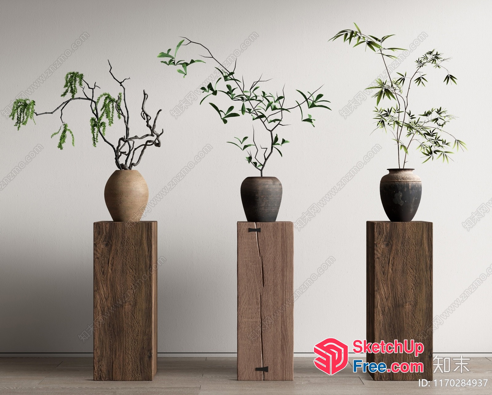 Decorative Potted Plants On Wooden Pedestals 3D SketchUp File